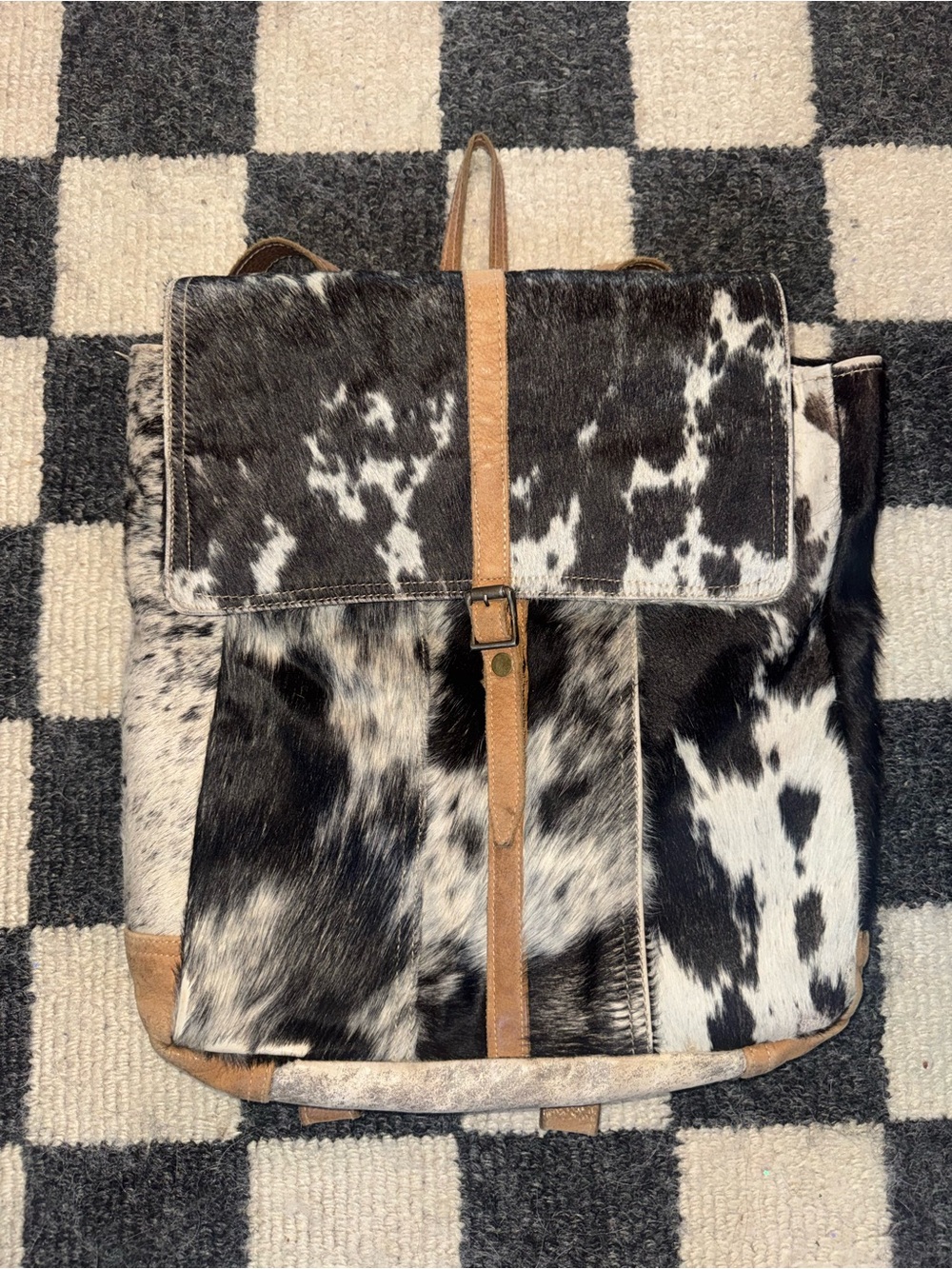 Myra Bag Black & White Cowhide Backpack with Tan Trim